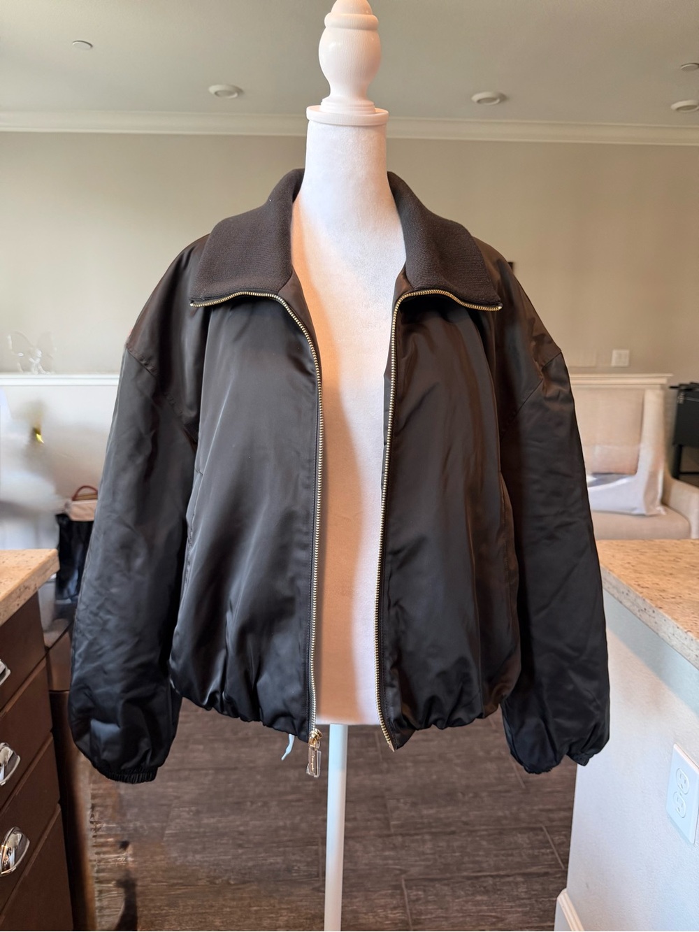 Kate Spade Black Satin Bomber Jacket with Gold Zipper
